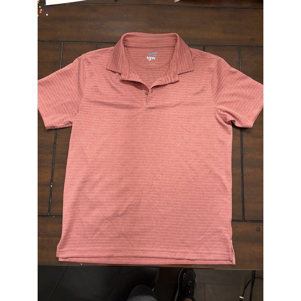 tgw Men Red Striped Polo Shirt Large Regular Short Sleeve Collared Button Golf